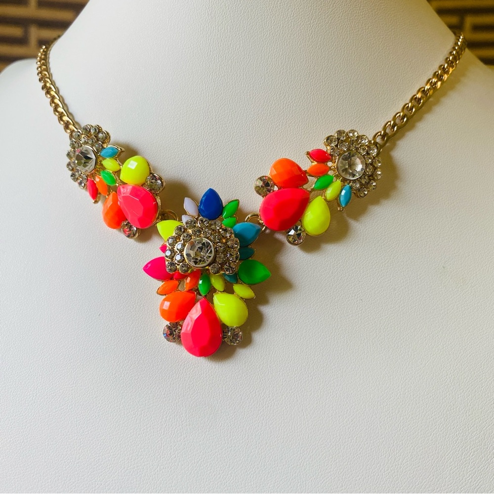 Signed AMRITA SINGH Neon Acrylic Necklace. Pink Green Orange Blue+Crystals, Rare